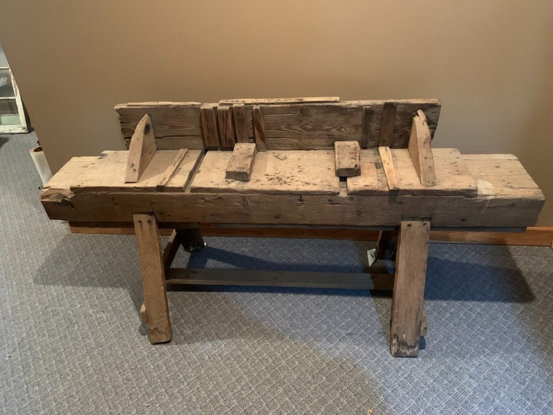 Antique Primitive Nursery Sorting/Tying Bench – 6ft Hewn Timber, Trestle Base
