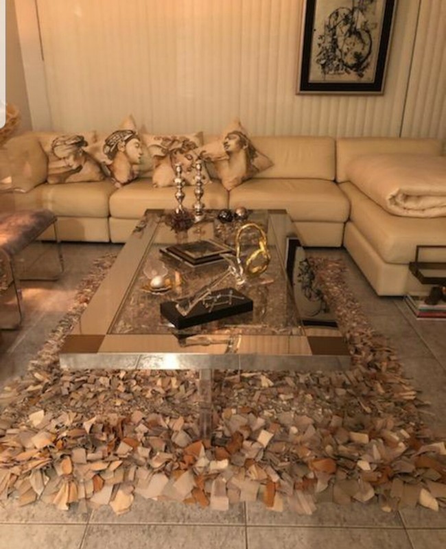SUPERB STAINLESS STEEL , BRASS AND LUCITE RECTANGULAR COFFEE TABLE