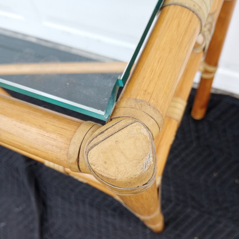 Vintage Mid Century Leather Wrapped Console Table Glass Top gallery