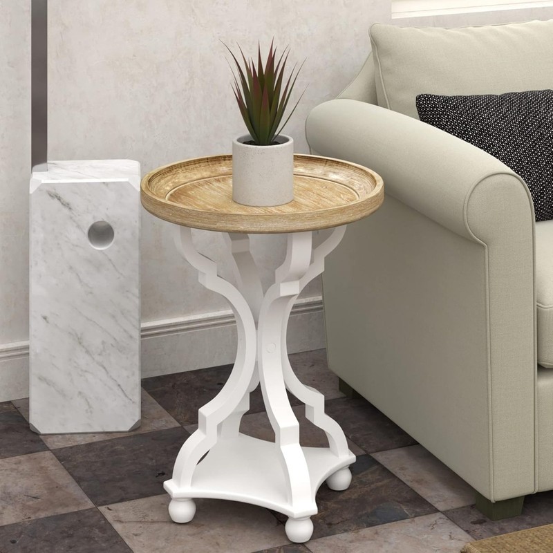 COZAYH Round Rustic Wooden Accent Tray Top Nightstand Side Table, White Legs gallery