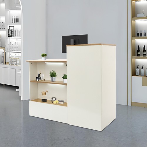 Modern Reception Desk w/Locking Drawer, Open Shelves White+Natural Finish 47.2in gallery
