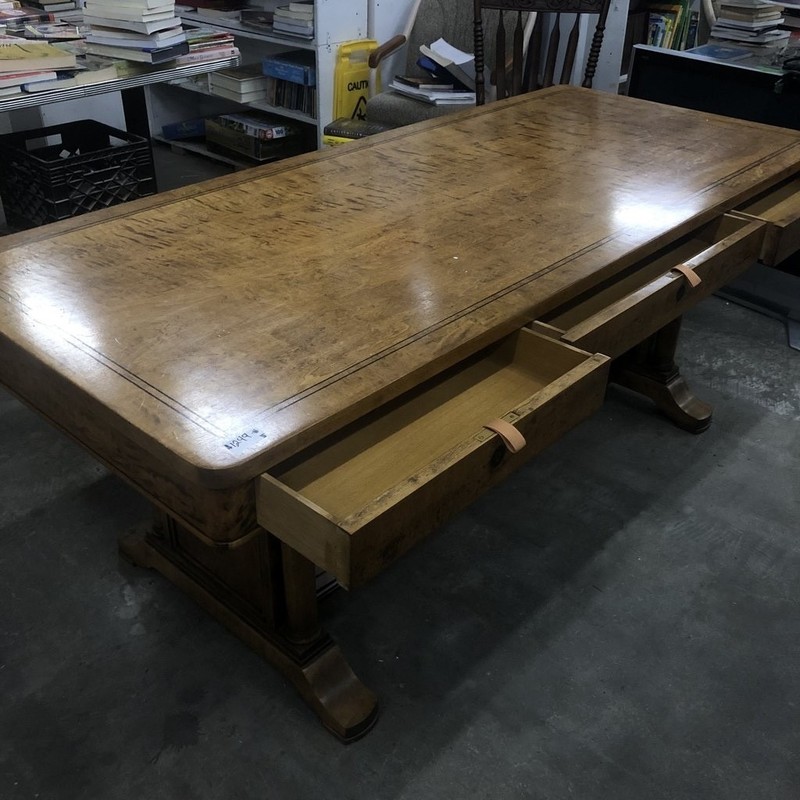 Vintage Tiger Maple Trestle Style Library Console Table gallery