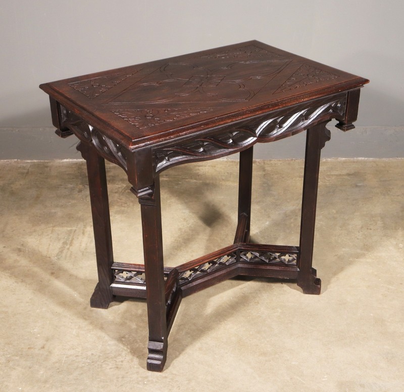 Antique French Gothic Revival Table in Solid Chestnut Wood With Carvings gallery