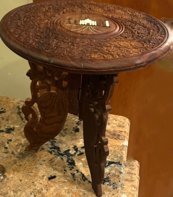 1920’s Hand Carved Teak Folding Table Stool Taj Mahal 12” T X 12” D