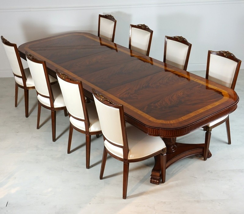 10′ heavy skirted flamed mahogany 2 pedestal formal dining table