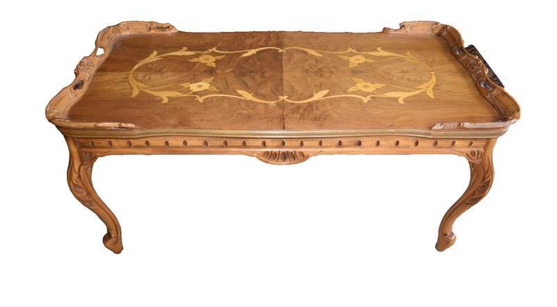 Vintage French Provincial Coffee Table Inlay Wood Carved Cabriole Legs