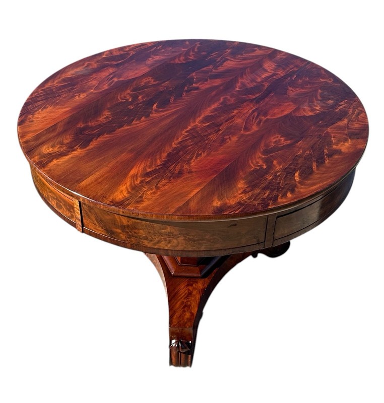 ANTIQUE LATE FEDERAL MAHOGANY THREE DRAWER CENTER TABLE ON OBELISK PEDESTAL BASE gallery