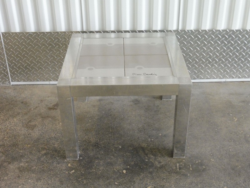 70’S SIGNED PIERRE CARDIN ALUMINUM TILE TOP SIDE TABLE W MOD DESIGN