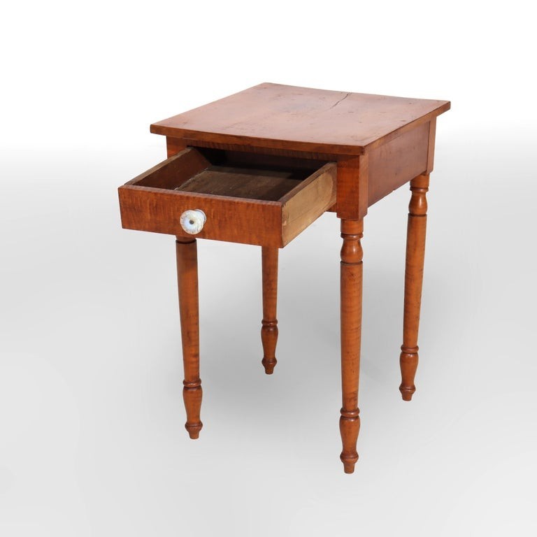 Sheraton Tiger Maple Single Drawer Stand With Opalescent Glass Knob c1840 gallery