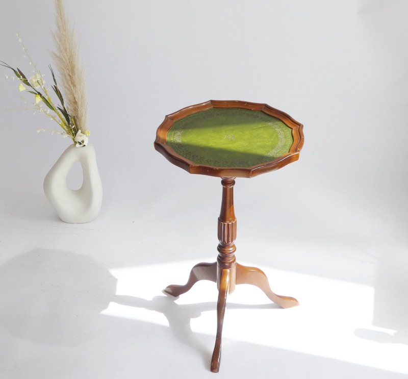 Small Victorian Wooden Wine Table with Green Leather, Vintage Side Table