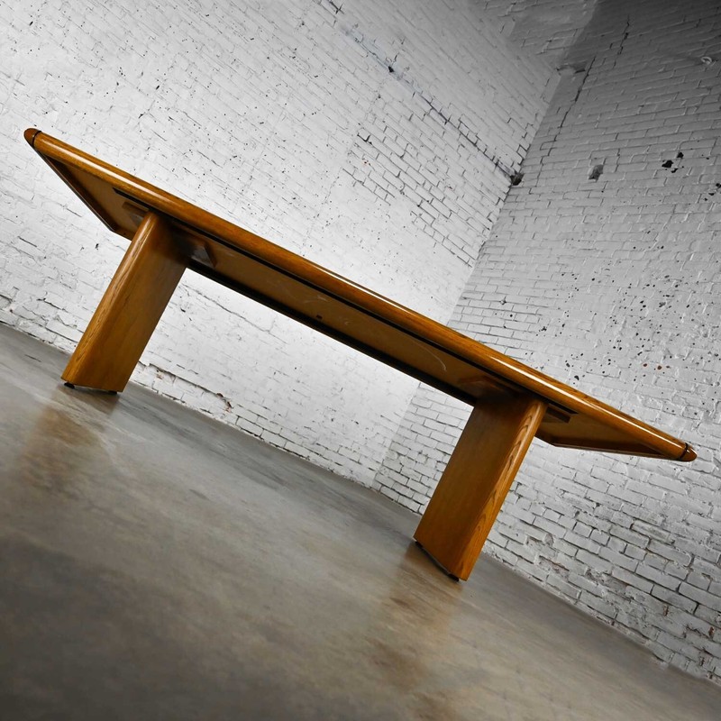Modern Oak Large Trestle Style Dining or Conference Table Bullnose Edges gallery