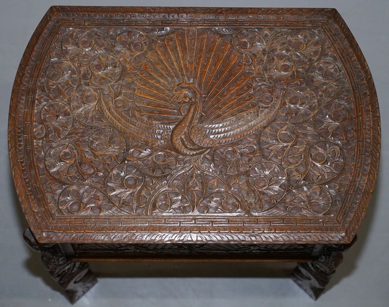 CIRCA 1880 BURMESE HAND CARVED PEACOCK SEWING TABLE CUPBOARD CHEST OPEN TOP gallery