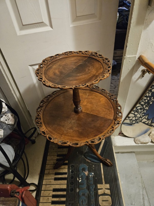 Antique 1900s Carved Mahogany Two-Tier Pedestal Table Ornate Pie Crust Edge