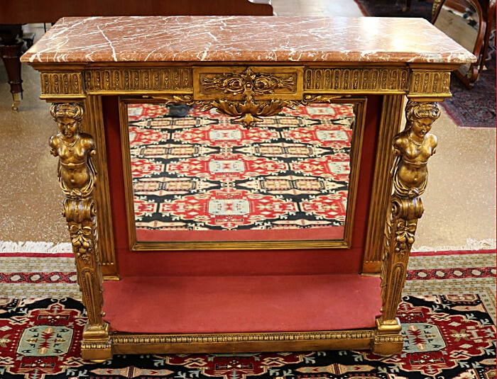 Stunning 19th Century French Figural Gold Marble Top Mirror Back Console Table