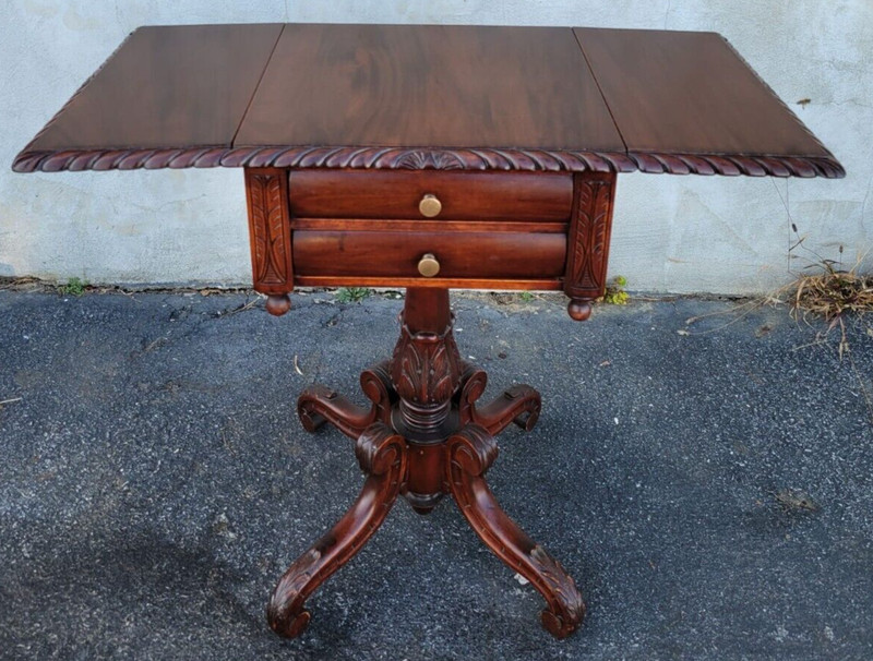 19 th century American Federal solid mahogany side/End table with 2 drawers gallery