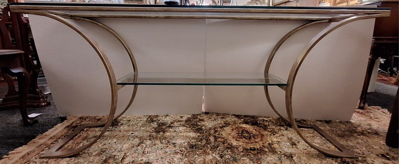 MILO BAUGHMAN MID CENTURY MODERN GLASS AND BRUSHED METAL CONSOLE TABLE