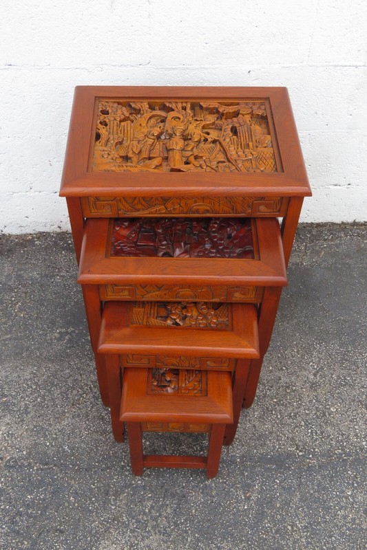Asian Oriental Hollywood Regency Heavy Carved Nesting Tables Set of Four 5855