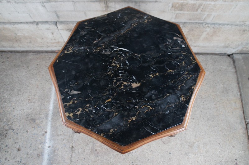 Antique Italian Renaissance Carved Walnut Marble Top Octagonal Center Side Table gallery