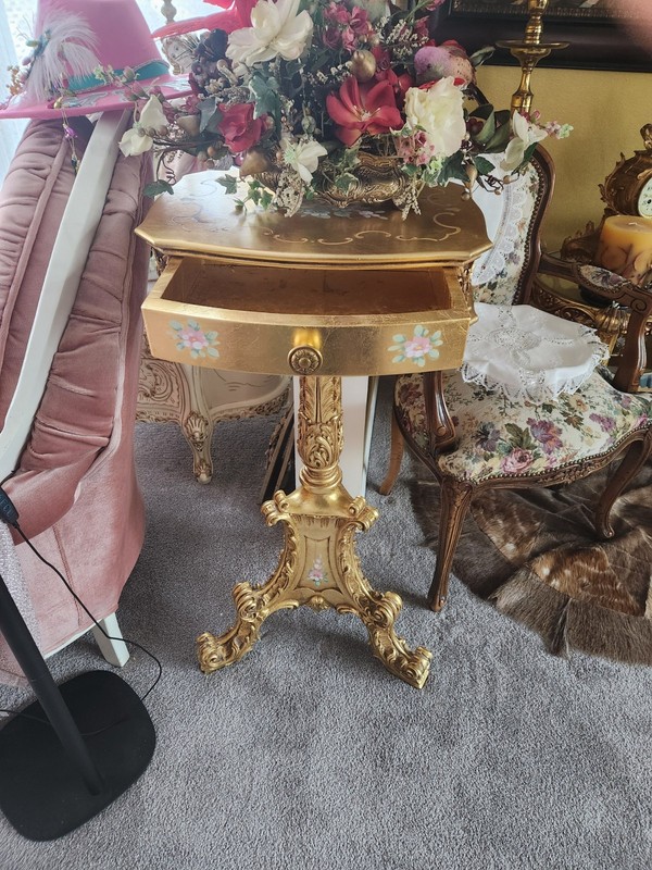 LACQUERED & GILDED, ONE DRAWER, PEDESTAL TABLE with HAND PAINTED FLORAL DESIGN