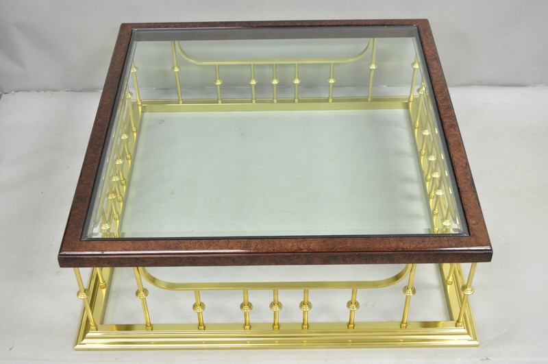 Vintage Erwin Lambeth Burl Walnut Brass Fireplace Fender 42" Square Coffee Table gallery