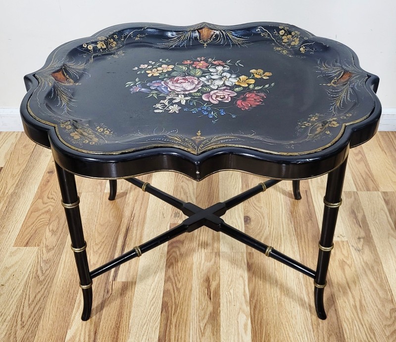 Vintage 20th C ENGLISH Regency Style BAMBOO Base PAPIER MACHE TRAY Coffee TABLE gallery