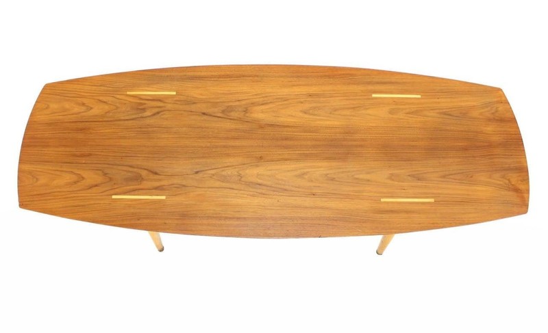 Boat Shape Light Walnut Tapered Birch Exposed Leg Tenon Coffee Table Mid Century gallery