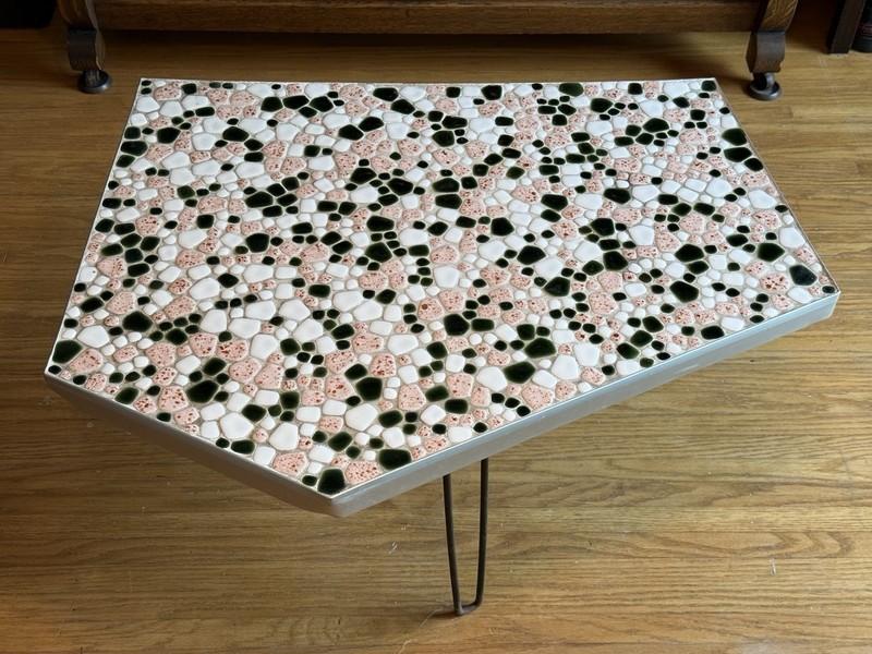 Vintage Mid Century Modern Mosaic Tile / Stone Top Side Table Folding Legs