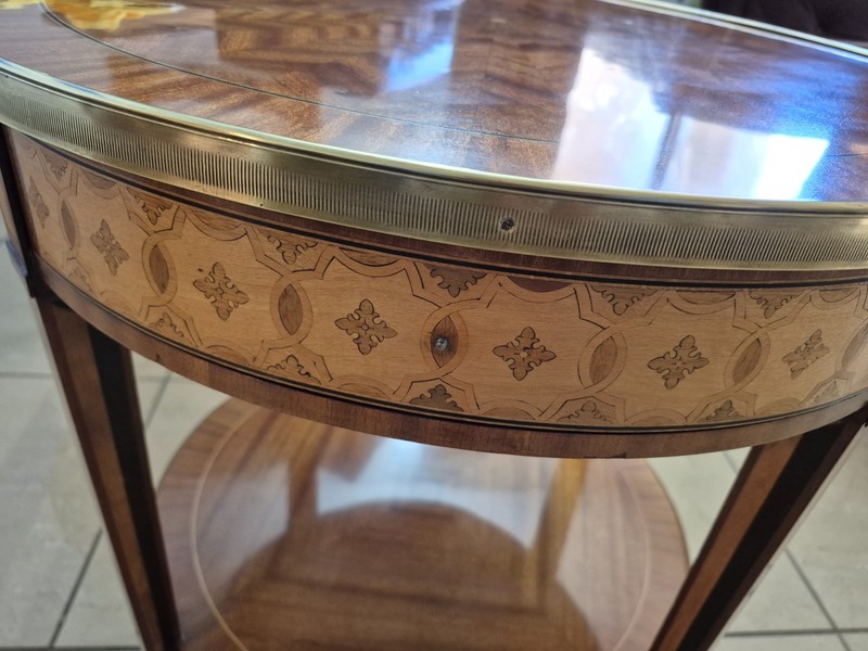 Vintage Louis XVI Side Table with Brass Gallery, Shelf & Swing drawer gallery