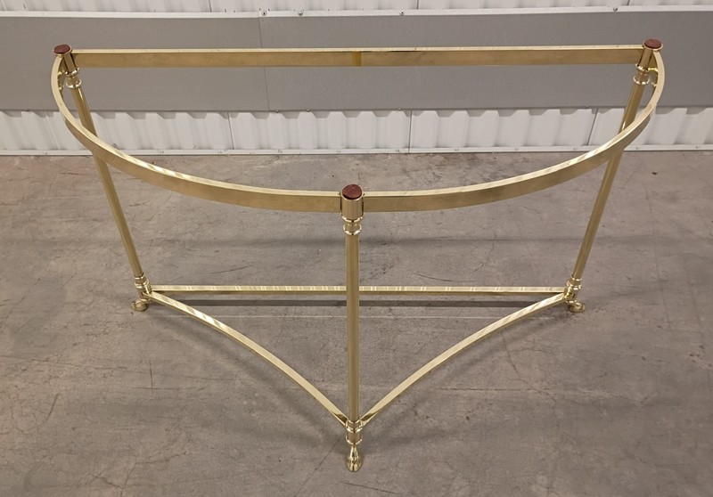 LaBarge Hollywood Regency Style Demi-Lune Brass & Glass Table w Hooved Feet gallery