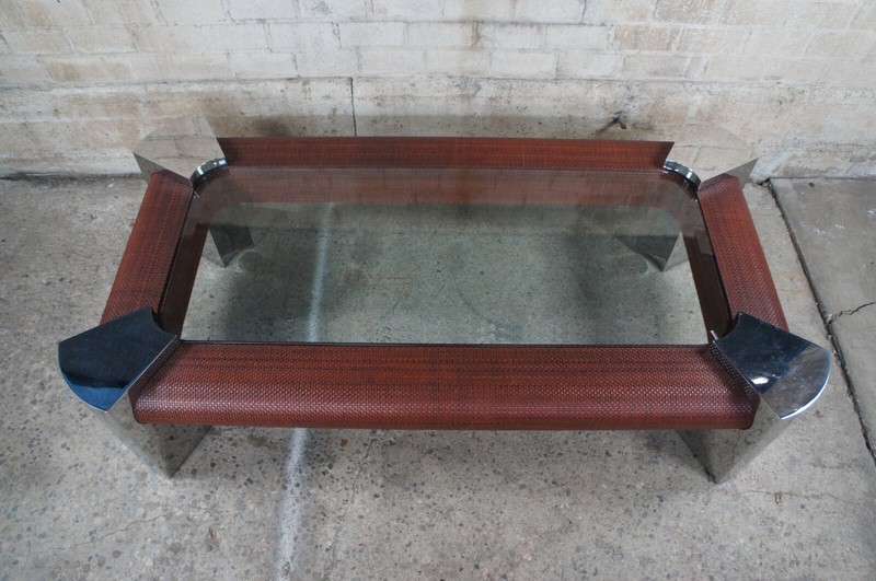 Ron Seff Mid Century Modern Polished Steel Chrome Rattan Glass Coffee Table 75" gallery