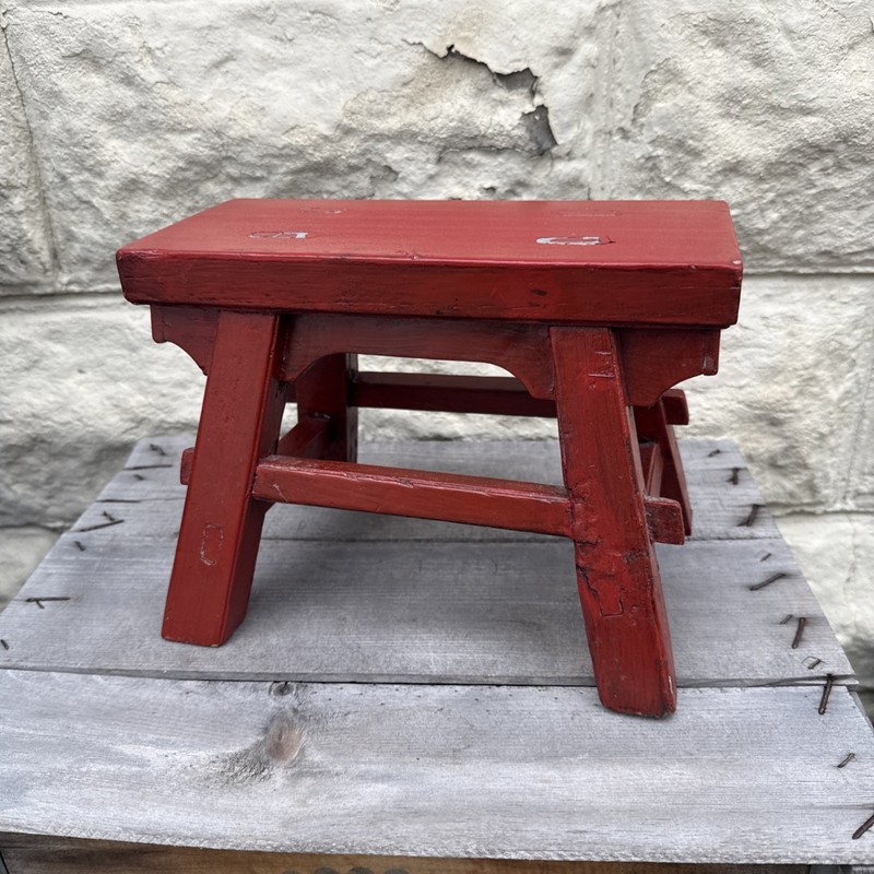 Vintage Asian Cricket Stool Red Paint Wooden 8x11x5 Inches