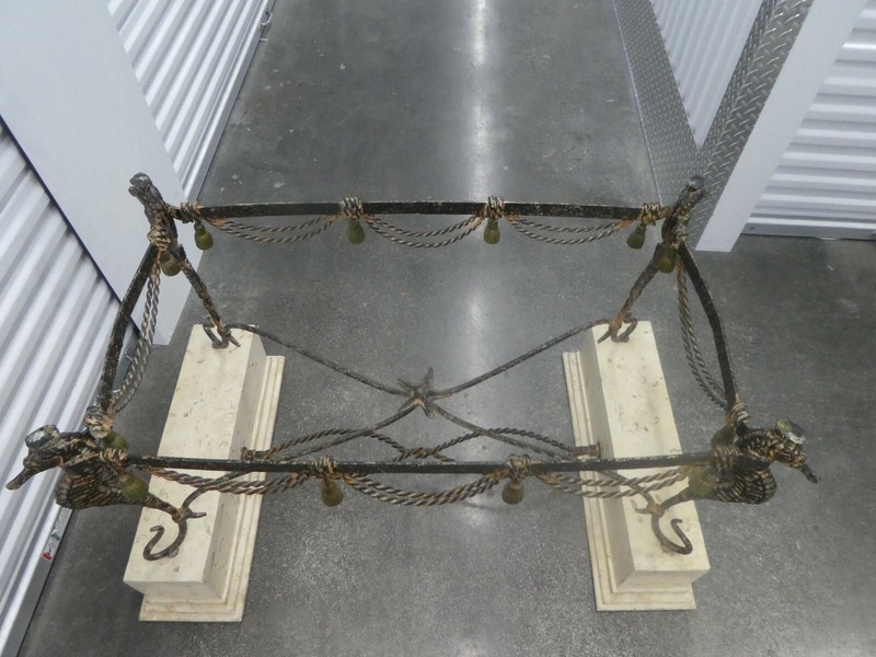 WROUGHT IRON SEAHORSE AND STARFISH CONSOLE TABLE ON TERRAZZO PLINTHS gallery