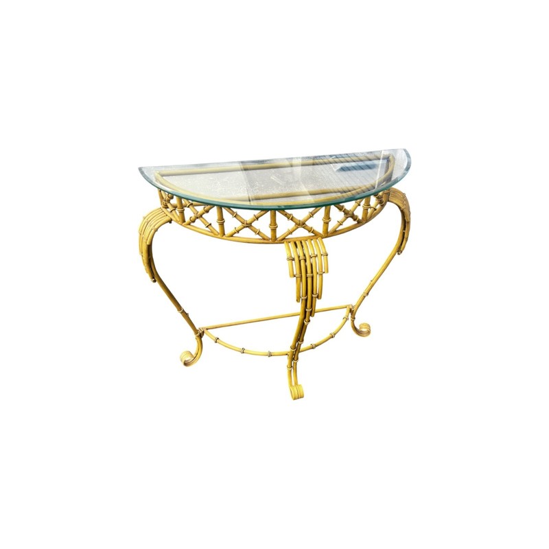 Hollywood Regency Faux Bamboo Demilune Entry Console Table with Mirror gallery