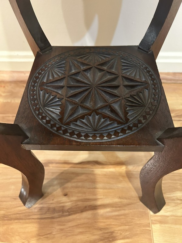 Antique Chip-Carved Walnut Accent Table - Arts & Crafts / Folk Art -18" gallery