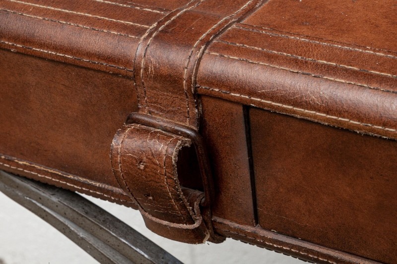 Vintage Leather Luggage Form Accent Table With Spayed Iron Base gallery
