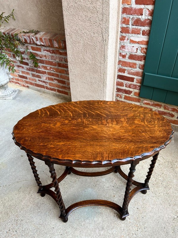 Antique English OVAL Side Center Table BARLEY TWIST Tiger Oak Jacobean c1920 gallery