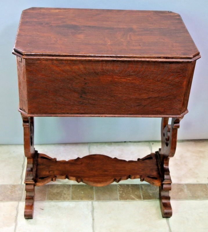 Antique Tiger Oak Victorian Sewing Work Stand Desk Two Locking Drawers with Key gallery
