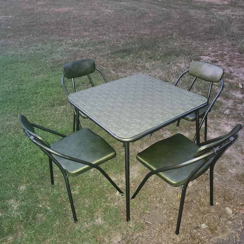 4 Cosco Folding Chairs And Square Table Vintage Olive Green Mid Century Modern