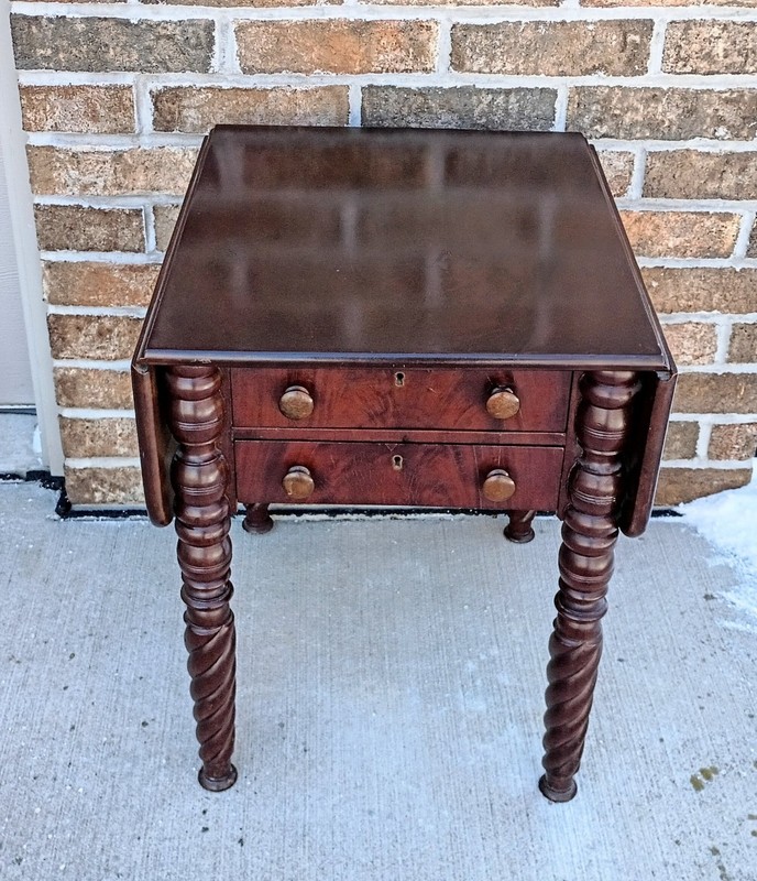 Early Antique Mahogany 2 Drawer Drop Leaf Side Card Table w/ Rope Twist Legs gallery