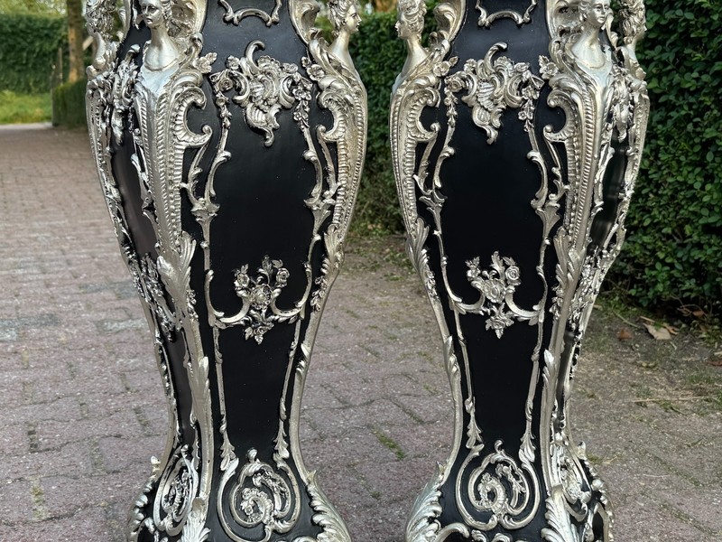Pedestals Pair Italian Baroque Black Silver Marble Effect Stands VTG gallery