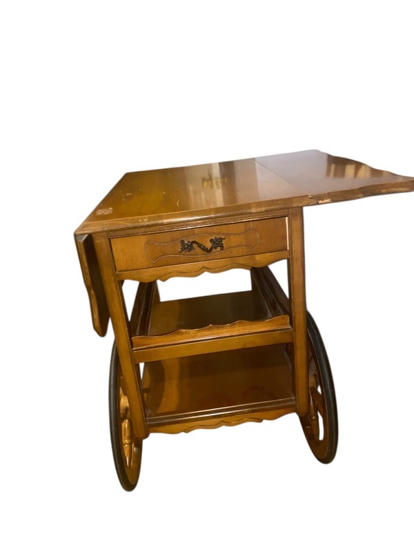 Mid-Century Drop Leaf Mahogany Tea Serving Cart w/ Glass Detachable Serving tray gallery