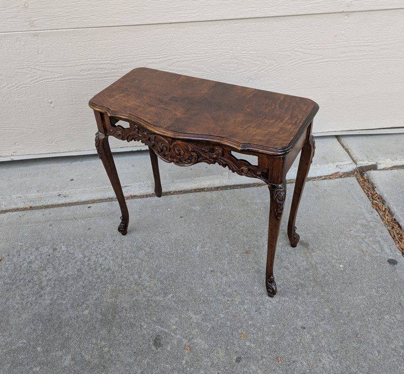 Vintage French Provincial Burl Walnut Side Entry Table Carved Wood Louis XV J76 gallery