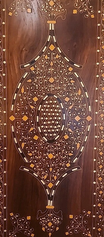Antique Moroccan Carved Wood Table Top Brass Inlay Wall Decor 42" x 21" gallery