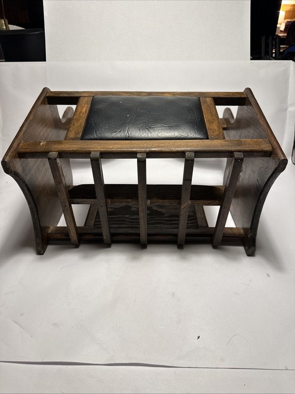 VINTAGE MAGAZINE RACK/STAND,DARK WOOD WITH LEATHER ,MID 1900'S, 17” LONG. 11” W gallery