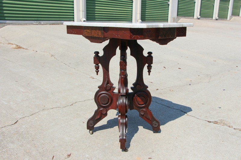Fancy Ornate Walnut Victorian Shaped Marble Top Parlor Table ~ Ca.1870 gallery