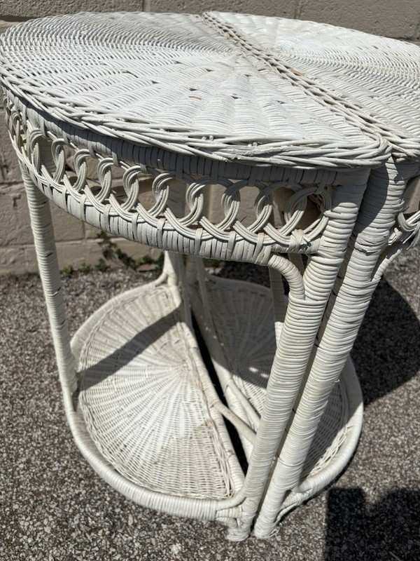 Vintage White Wicker Round Table Or 2 Half Round Console Tables Shabby Chic gallery