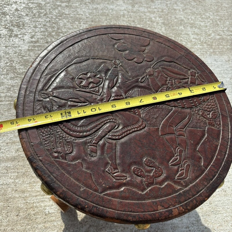 Peruvian Hand Tooled Punched Leather South American Wooden Stool Vintage gallery