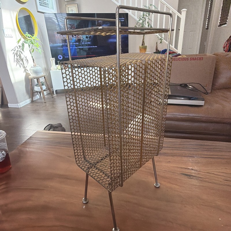 Vintage Wire Rack Mesh Metal Stand Side Table with Pen Holder 1950s Original gallery