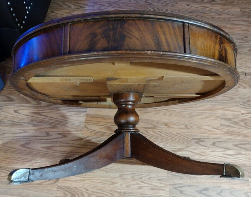 Antique Inlaid Leather Top Double Drawer Mahogany Drum Center Coffee Table VTG gallery