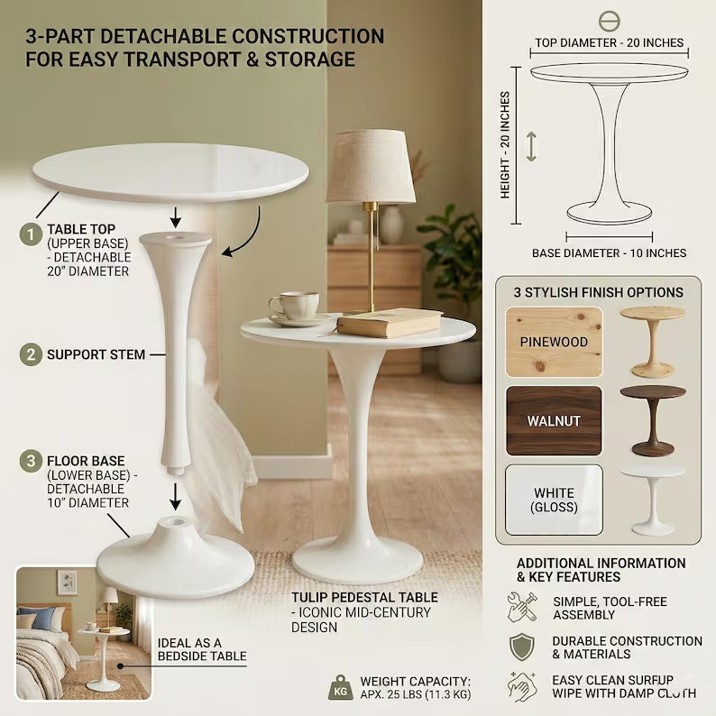 Mid-Century Modern Tulip Side Table | Walnut Pedestal End Table, Detachable Desi gallery